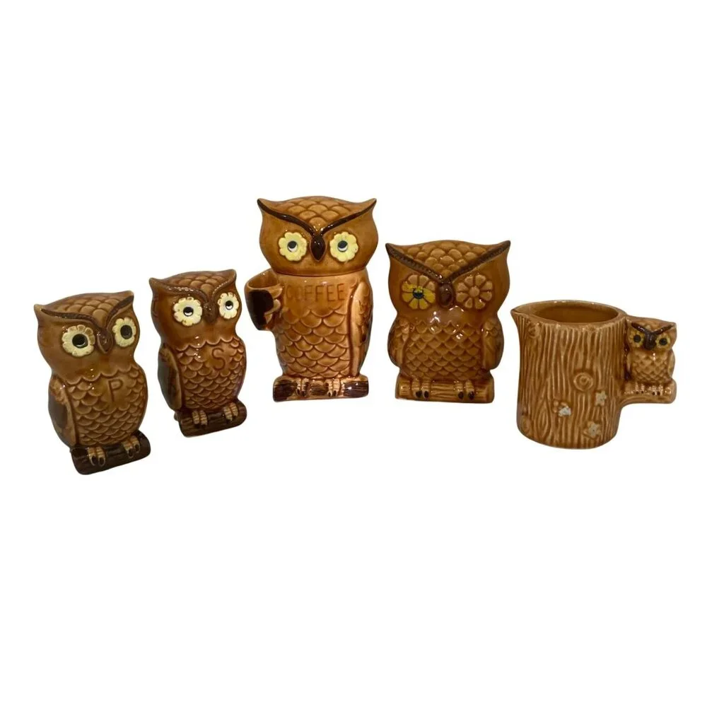 Vintage Owl Kitchen Set - Coffee Canister Creamer Salt & Pepper Napkin Holder